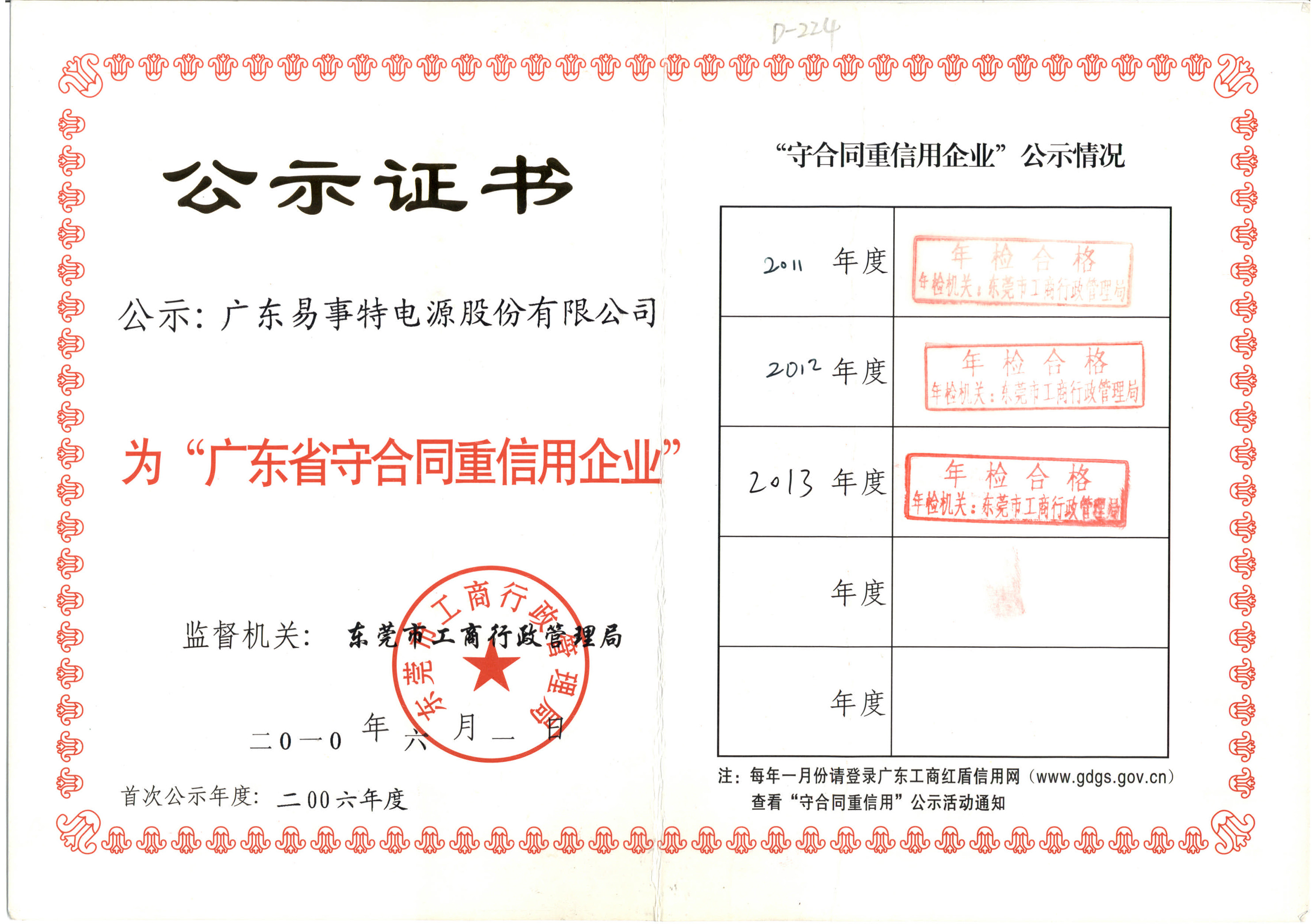 廣東省守合同重信用企業證書
